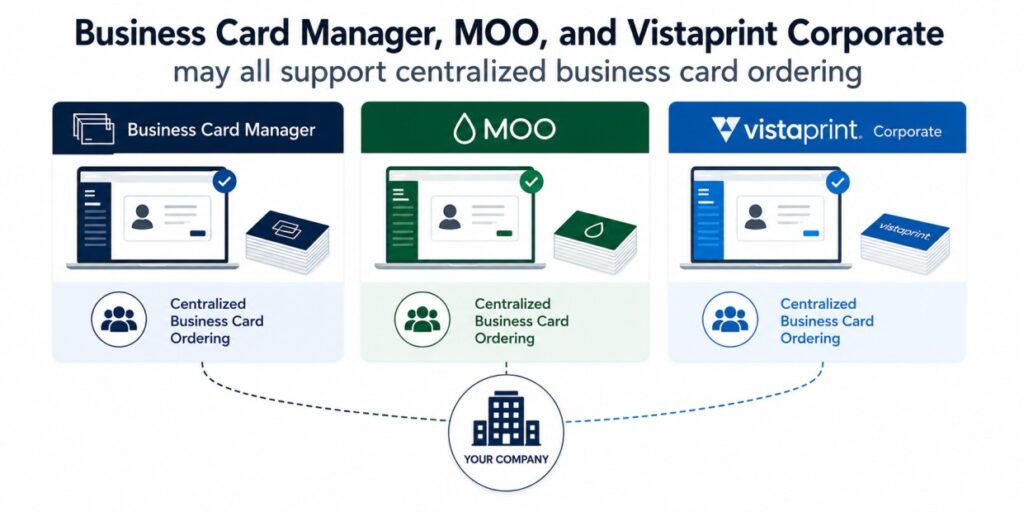 Business Card Manager, MOO, and Vistaprint Corporate may all support centralized business card ordering
