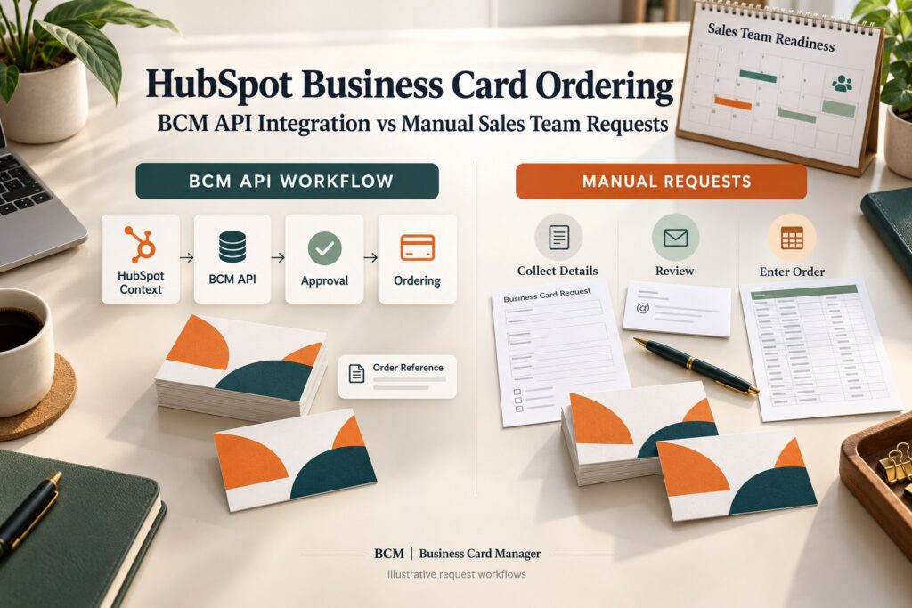 HubSpot business card ordering comparison showing a BCM API workflow and manual sales team requests with approval and ordering controls.