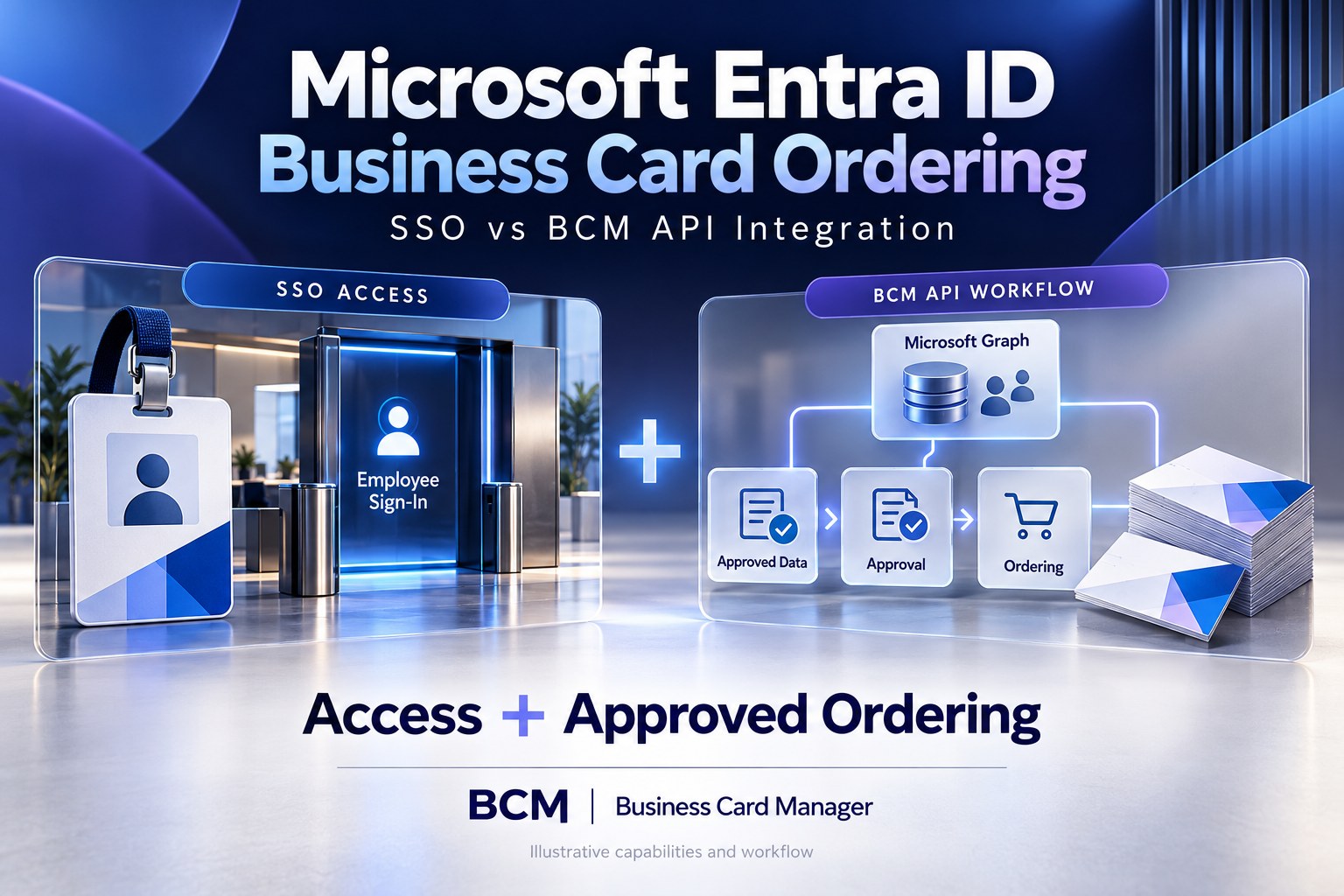 Microsoft Entra ID business card ordering comparison showing SSO access and a complementary BCM API workflow for approved employee information and ordering.