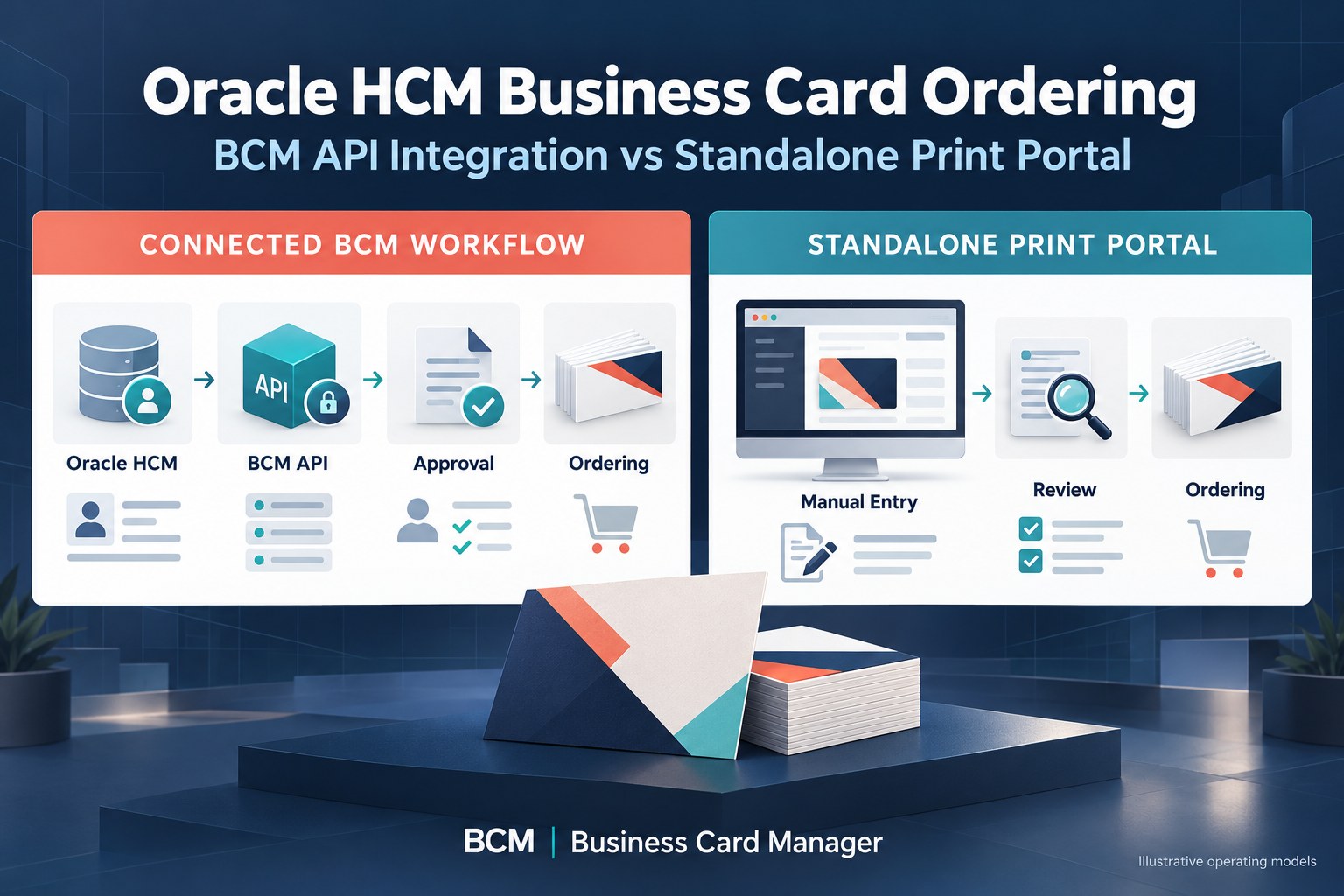 Oracle HCM business card ordering comparison showing a connected BCM API workflow and a standalone print portal operating model.