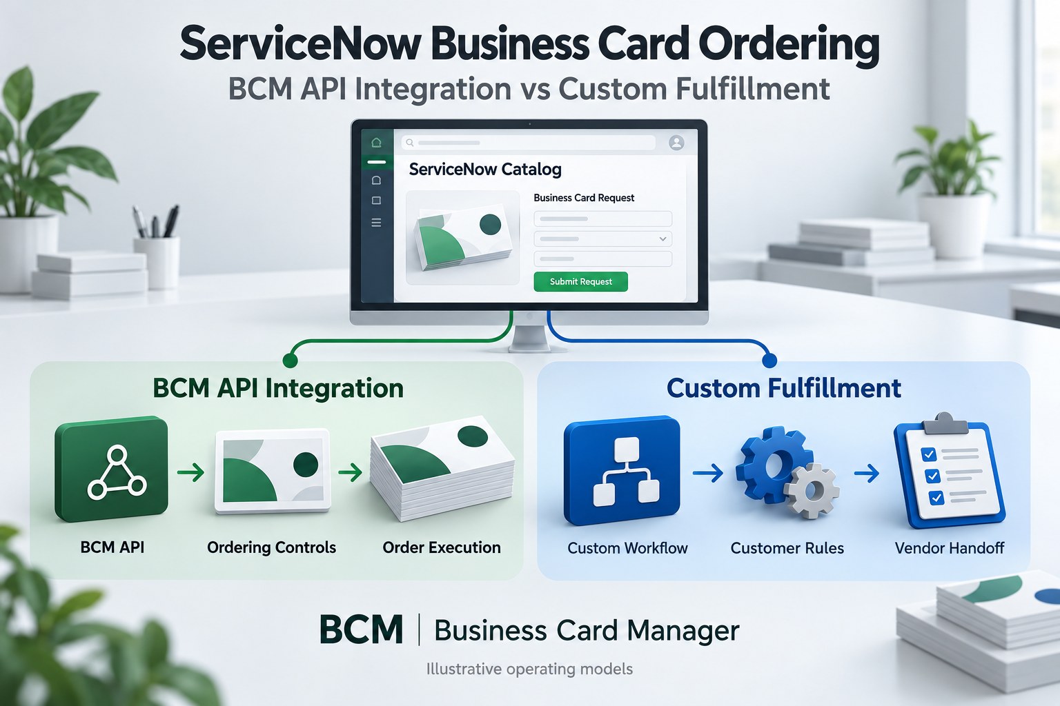 ServiceNow business card ordering comparison showing a BCM API connection and customer managed fulfillment responsibilities.